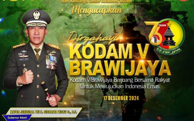 Gubernur Akademi Militer Beserta Persit Kartika Chandra Kirana PCBS Akmil dan Keluarga Besar Akademi Militer Mengucapkan Dirgahayu Kodam V/Brawijaya “Kodam V/Brawijaya Berjuang Bersama Rakyat Untuk Mewujudkan Indonesia Emas”.