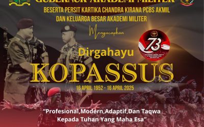 Gubernur Akademi Militer Beserta Persit Kartika Chandra Kirana PCBS Akmil dan Keluarga Besar Akademi Militer Mengucapkan Dirgahayu Kopassus “Profesional, Modern, Adaptif dan Taqwa Kepada Tuhan Yang Maha Esa”.